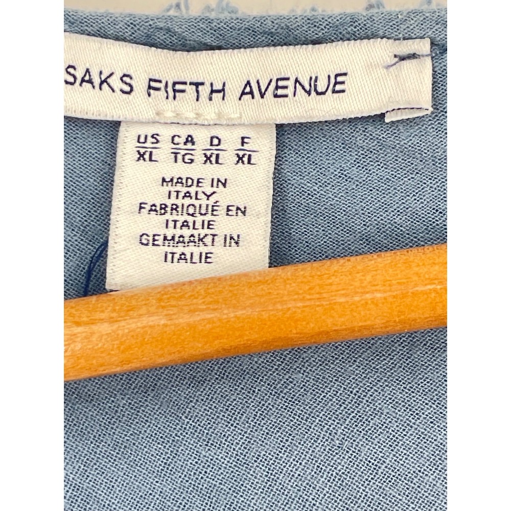 Saks Fifth Avenue Womens Dress XL Midi Blue 100% Linen Boho  Ruffle V-Neck Italy - Picture 4 of 12